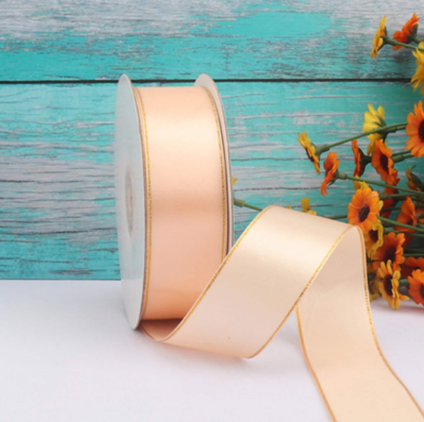 5 Meters / 3.2cm / Satin Ribbon with Gold Stripe R5