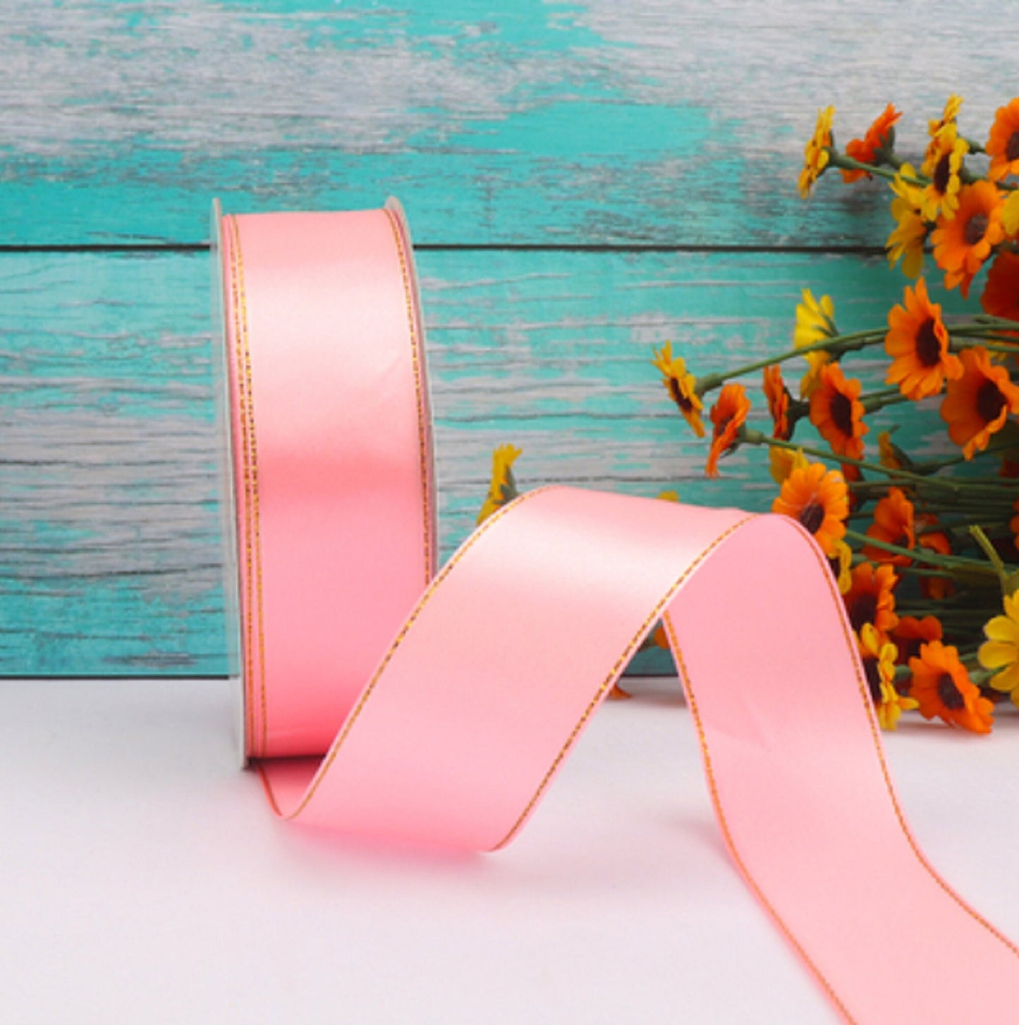 5 Meters / 3.2cm / Satin Ribbon with Gold Stripe R5