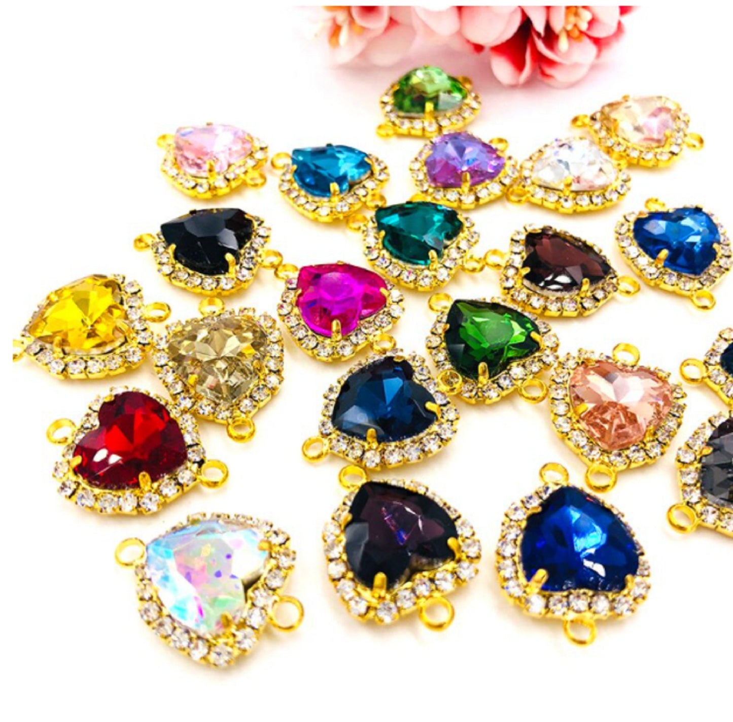 (P043G) 10 Pcs / Double Loops Gold Base Rhinestone Heart Connector