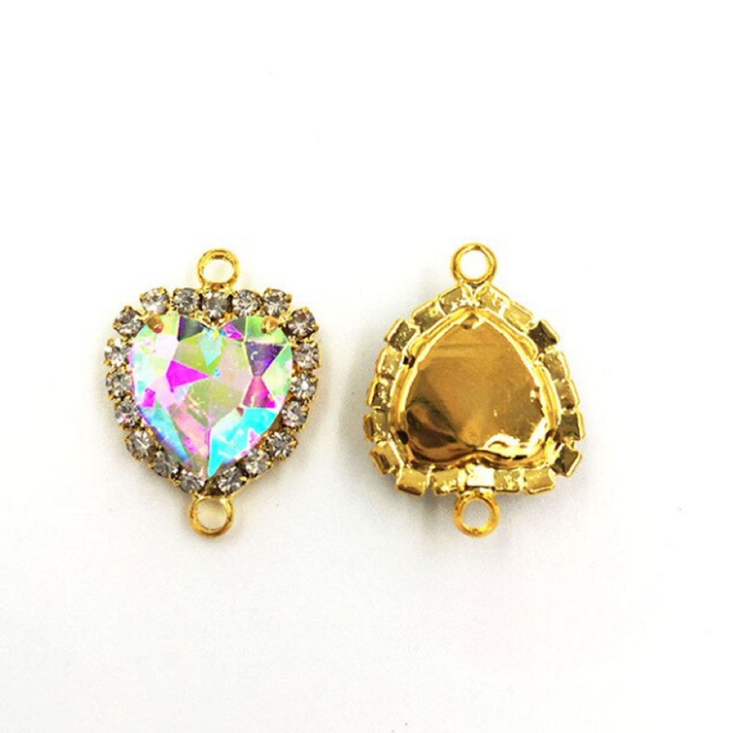 (P043G) 10 Pcs / Double Loops Gold Base Rhinestone Heart Connector
