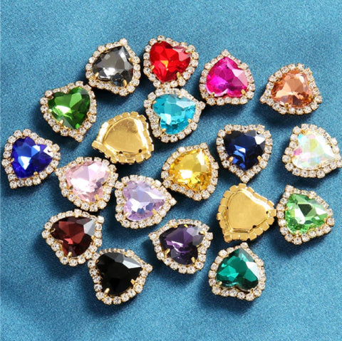 10 Pcs / 10mm / Gold Base Sew On Rhinestone Heart C17G