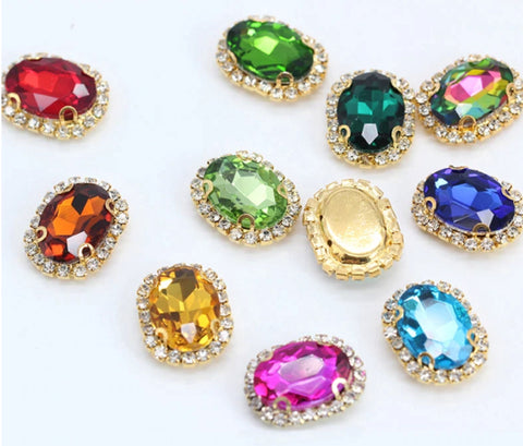 10 Pcs / 18 x 22mm / Gold Base Sew On Oval Crystal  S12G