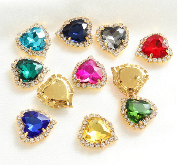 10 Pcs / 14mm / Gold Base Sew On Rhinestone Heart C17G