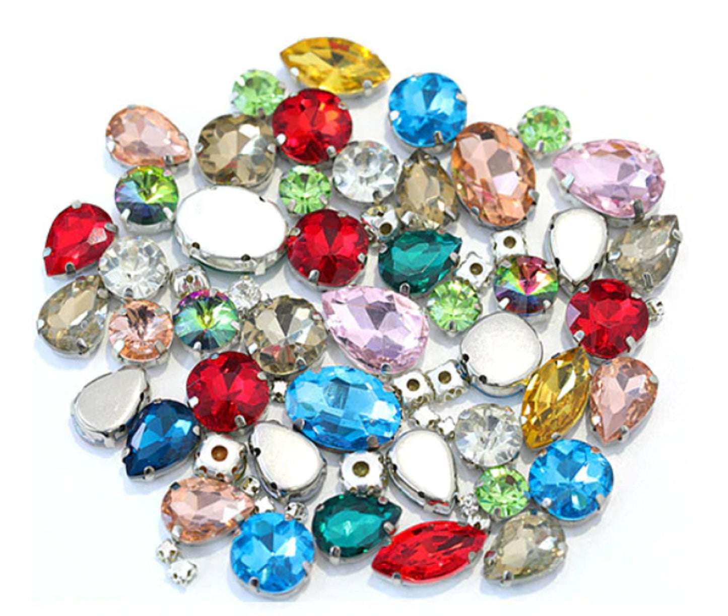 (S34S)  50 Pcs / Mix Sizes & Shapes Silver Base Sew On Rhinestone