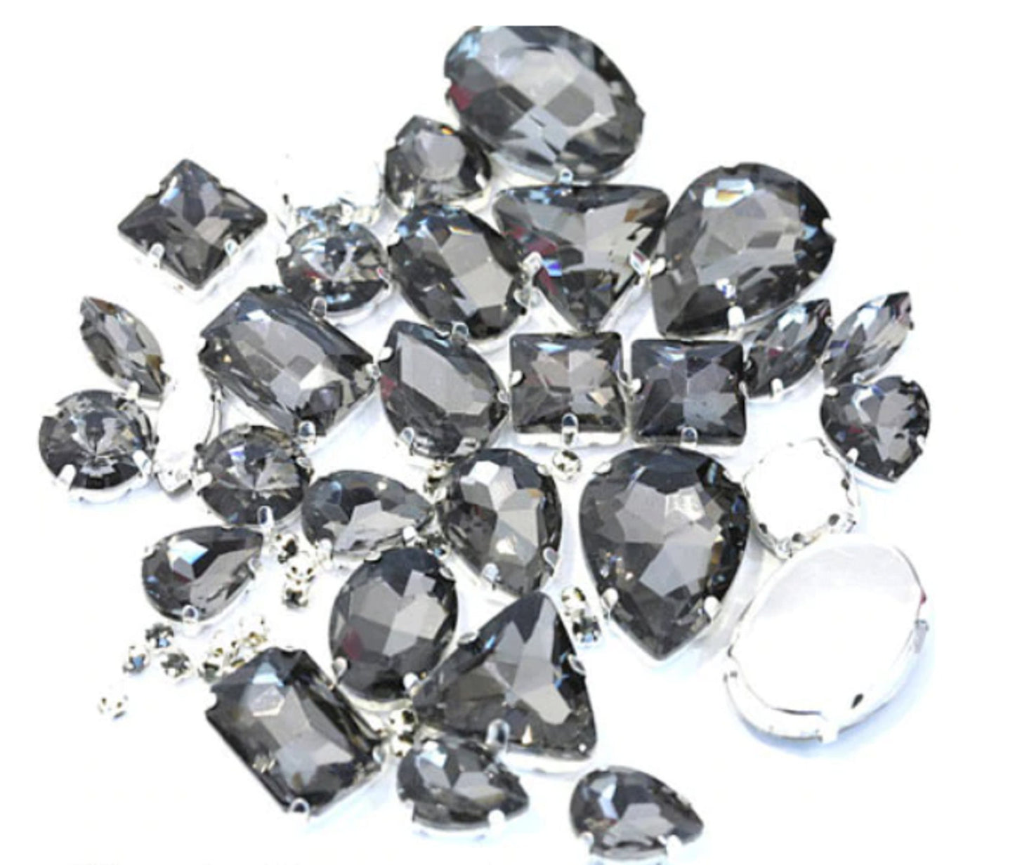 (S34S)  50 Pcs / Mix Sizes & Shapes Silver Base Sew On Rhinestone