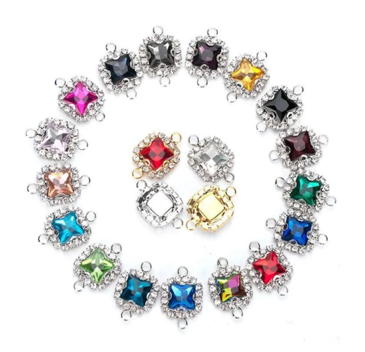 10 Pcs / 14mm Silver Base Double Loops Rhinestone Square Connector  C050S