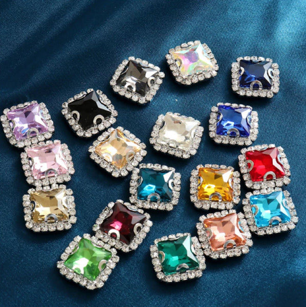 10 Pcs / 14mm / Silver Base Sew On Square Rhinestone  S38S