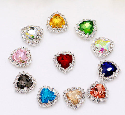 10 Pcs / 8mm, 10mm, 12mm, 14mm / Silver Base Colour Sew On Rhinestone Heart  C17S