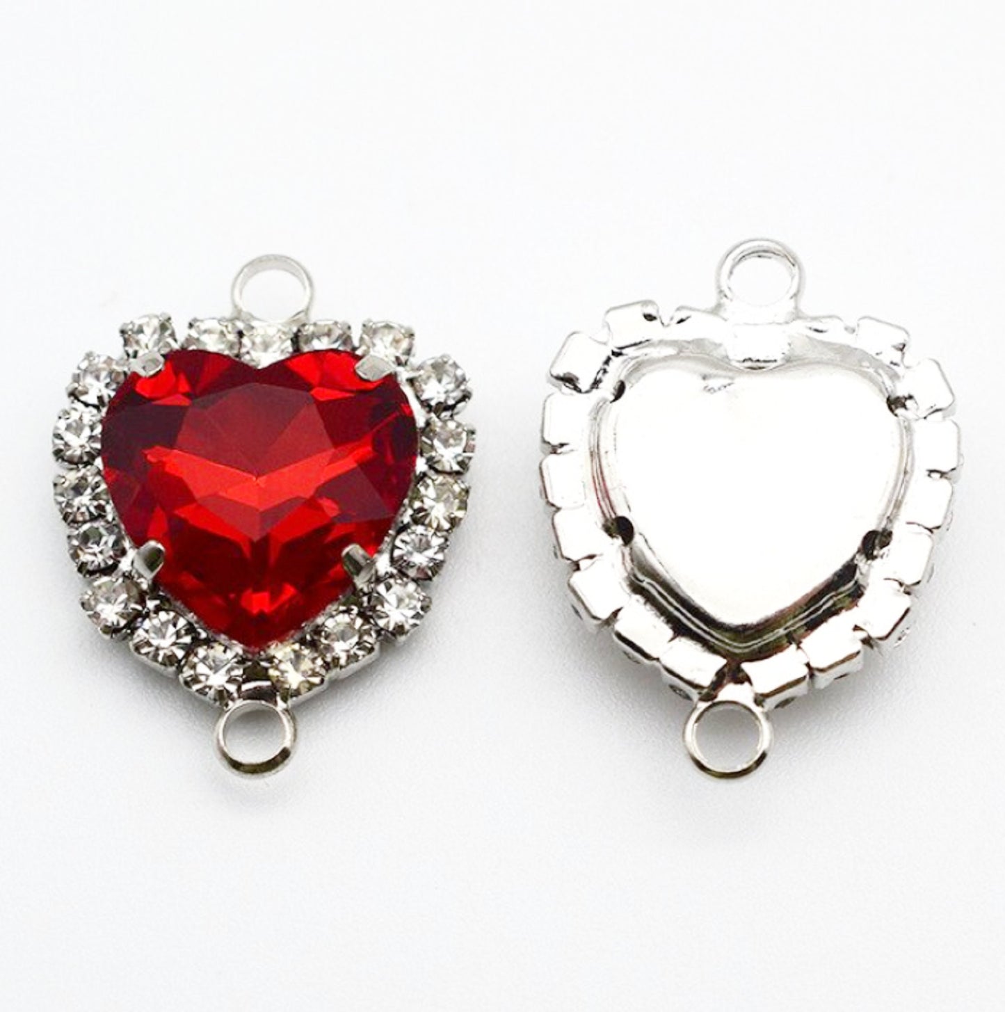 10 Pcs / Double Loops Silver Base Rhinestone Heart Connector P043S