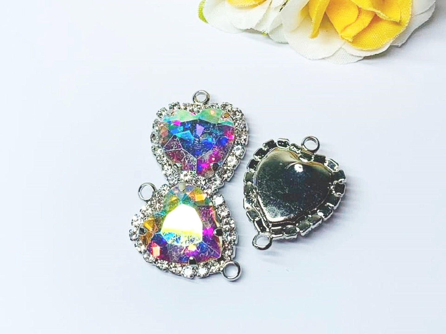 10 Pcs / Double Loops Silver Base Rhinestone Heart Connector P043S