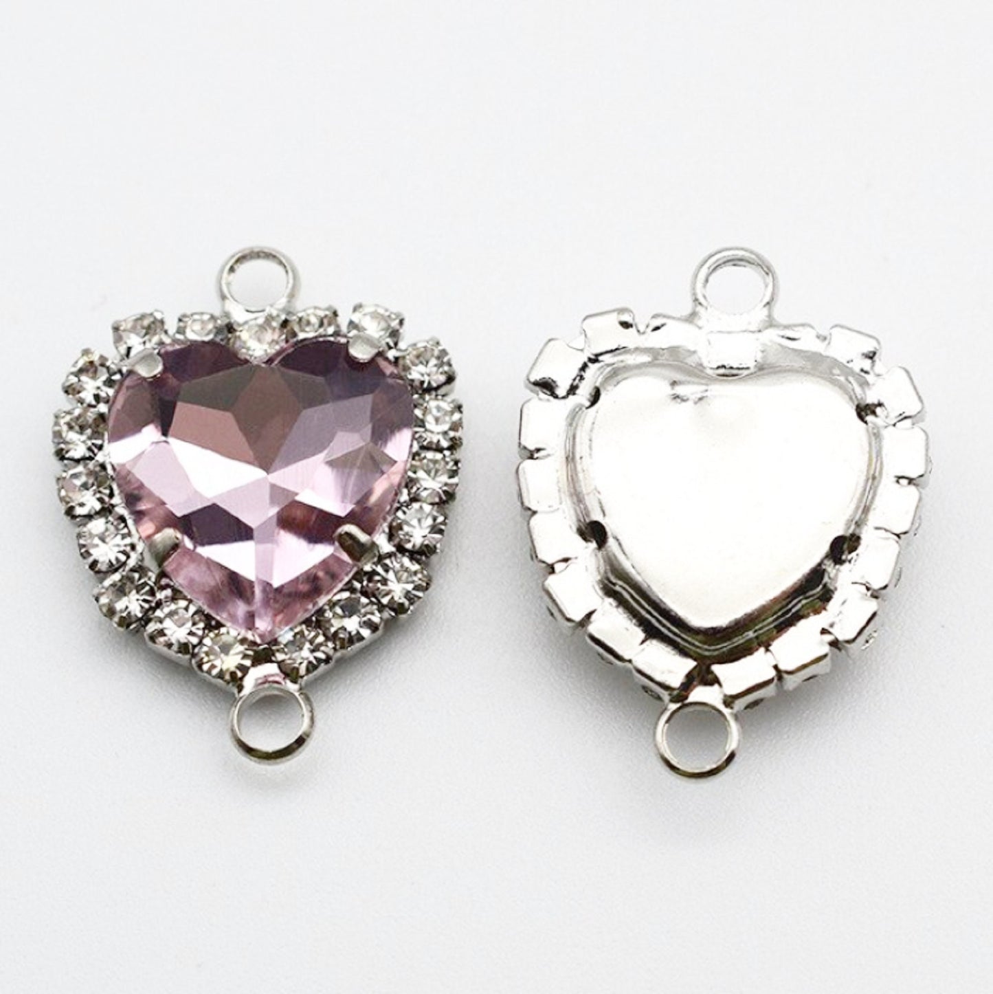 10 Pcs / Double Loops Silver Base Rhinestone Heart Connector P043S