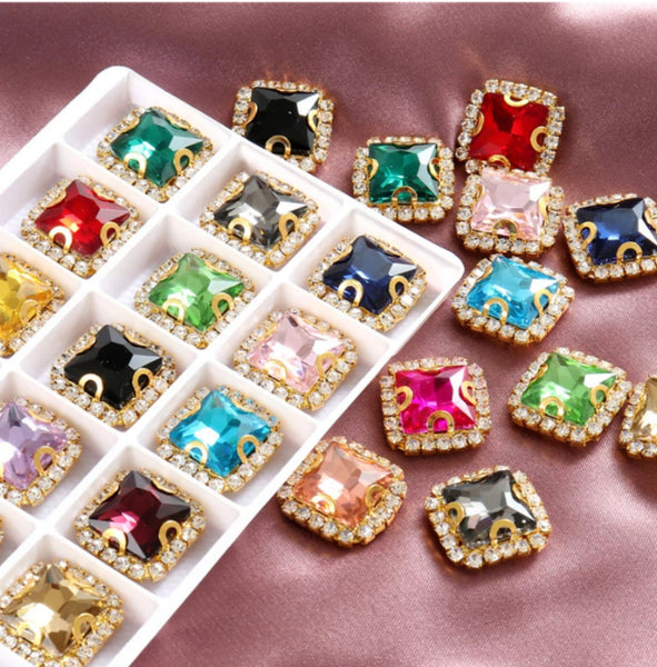 10 Pcs / Gold Base Sew On Square Rhinestones  S38G