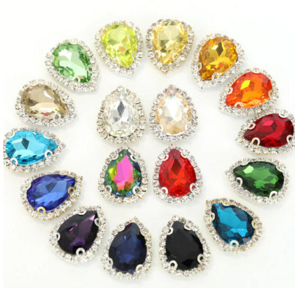 10 Pcs / 14 x 18mm / Gold Base Sew On Rhinestone Teardrop Crystal  S33G