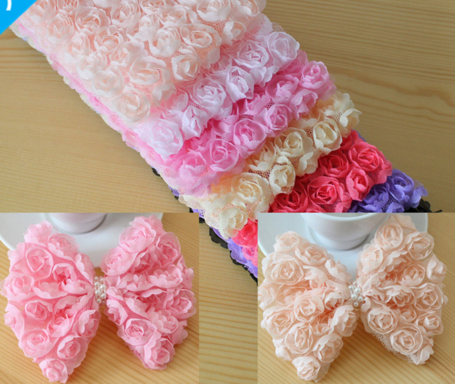 5 packs / 6 Rows / DIY Headband Bow Rose Lace Trim  TR009