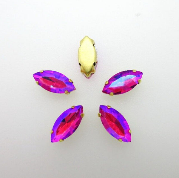 50 Pcs / 5 x 10mm, 7 x 15mm / Sew On Gold Base Horse Eye Crystal S18G(AB)