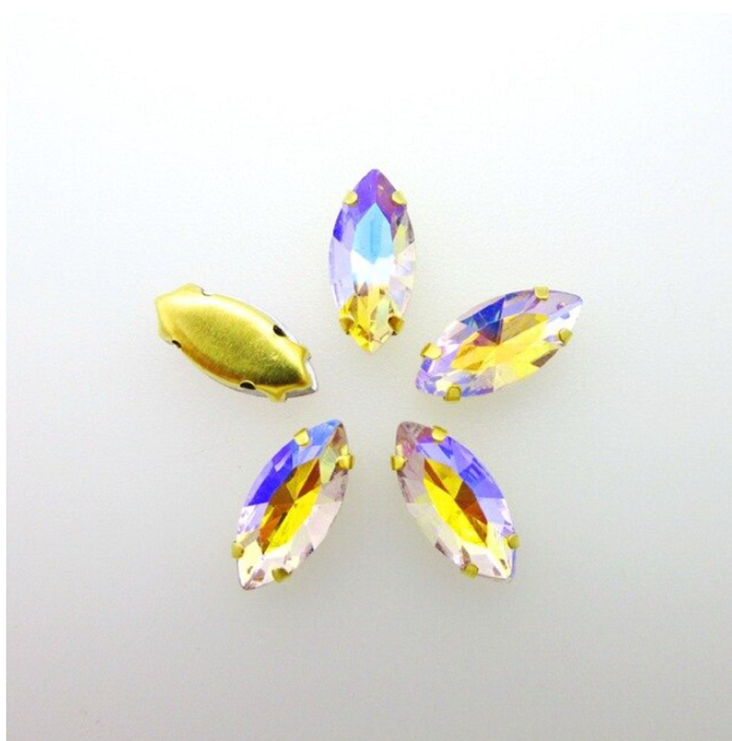 S18G(AB) 50 Pcs / 5 x 10mm, 7 x 15mm / Sew On Gold Base Horse Eye Crystal