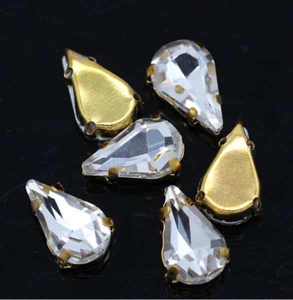 50 Pcs / 6 x 10mm / Sew On Gold Teardrop Crystals  S19G