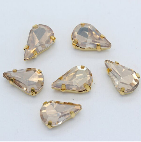 50 Pcs / 6 x 10mm / Sew On Gold Teardrop Crystals  S19G