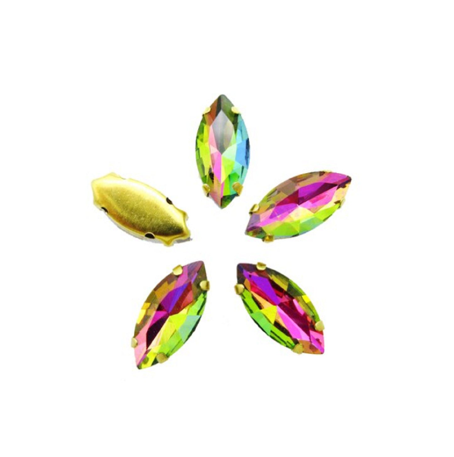 S18G(AB) 50 Pcs / 5 x 10mm, 7 x 15mm / Sew On Gold Base Horse Eye Crystal