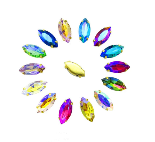 S18G(AB) 50 Pcs / 5 x 10mm, 7 x 15mm / Sew On Gold Base Horse Eye Crystal