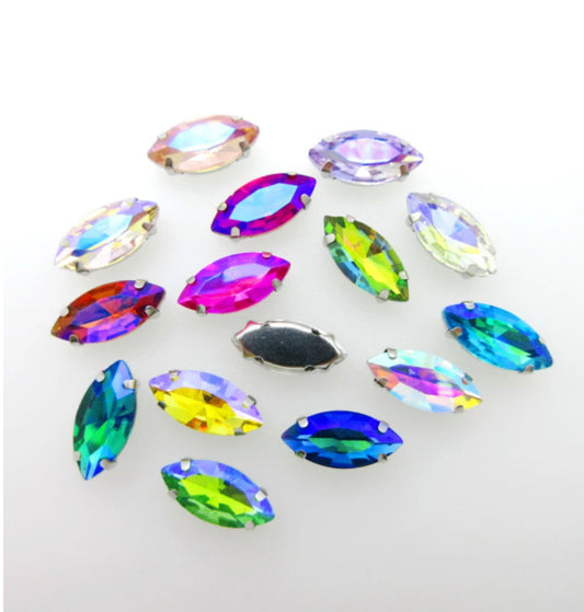 S18S(AB) 50 Pcs / 7 x 15mm / Sew On Gold Base Horse Eye Crystal