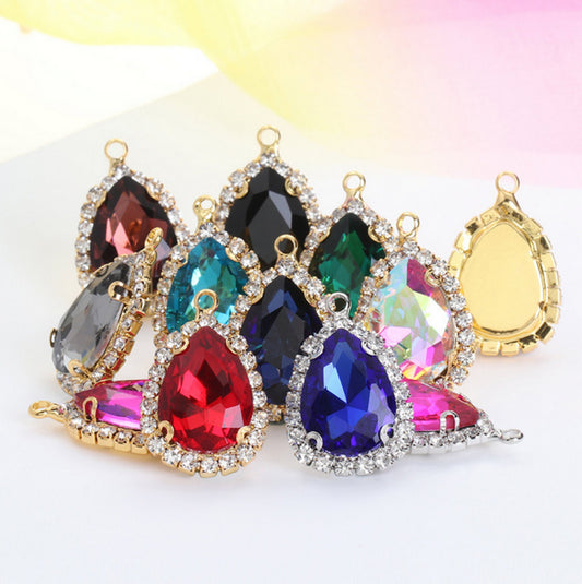 10 pcs / Single loop Gold Colour base Flatback Sew On Teardrop Glass crystal   P041G