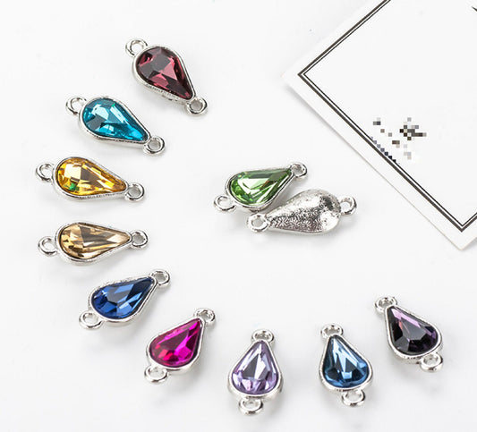 10 Pcs / 13 x 23mm / Double Loops Silver Base Rhinestone Heart Connector P045S