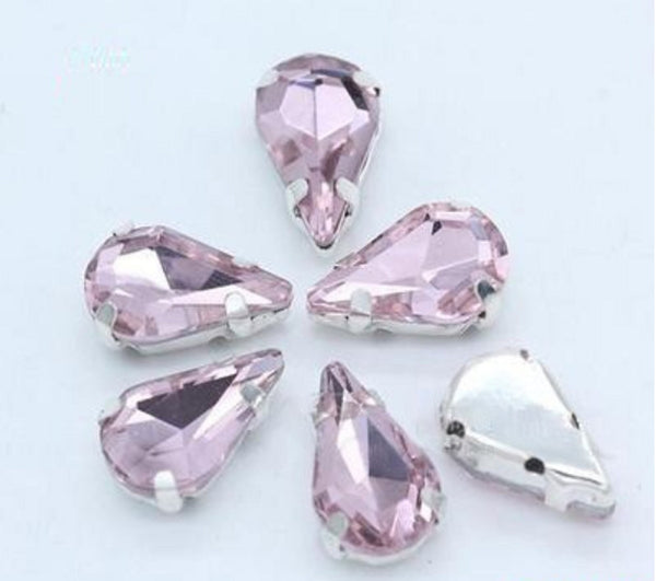 50 Pcs / 6 x 10mm / Sew On Silver Teardrop Crystals S19S