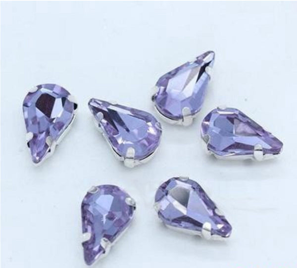 50 Pcs / 6 x 10mm / Sew On Silver Teardrop Crystals S19S