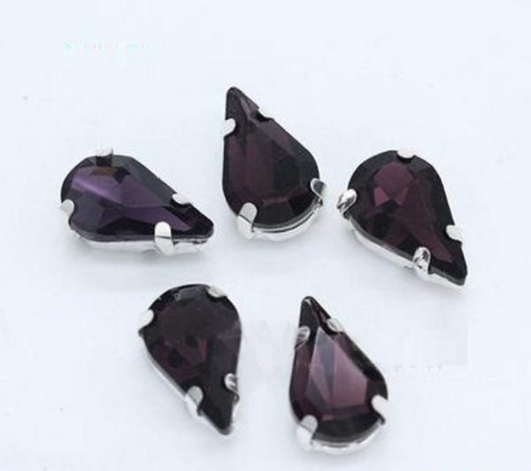 50 Pcs / 6 x 10mm / Sew On Silver Teardrop Crystals S19S