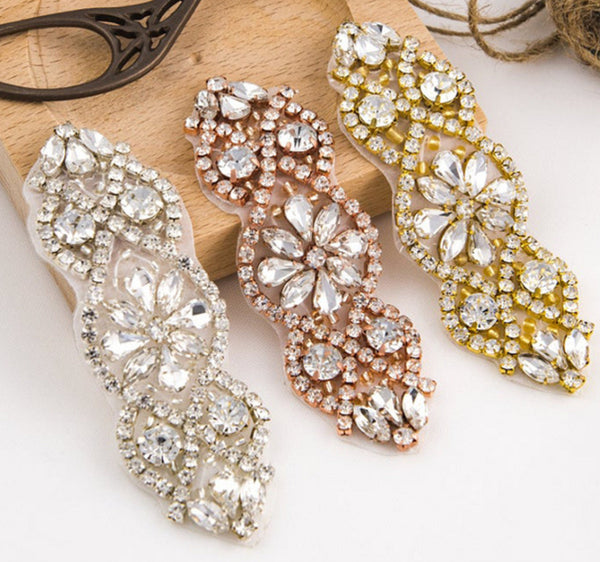 9.5 x 3cm / Silver, Gold Colour / Iron On Crystal Diamante Applique   YS853