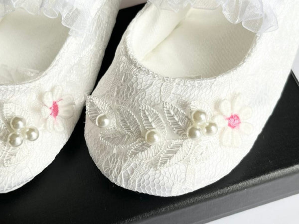 Pure White Baby Shoes, Christening Baby Lace Shoes BS023