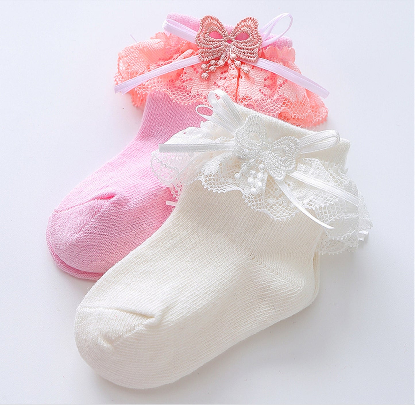 11cm / Off White, Pink / Girls Lace Socks LS004