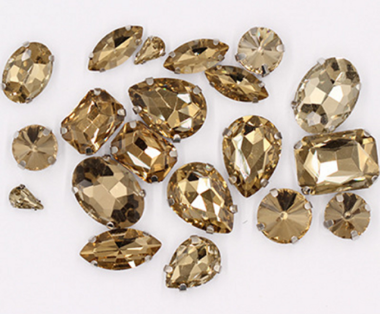 (S34G)  50 Pcs / Mix Sizes & Shapes Silver Base Sew On Rhinestone