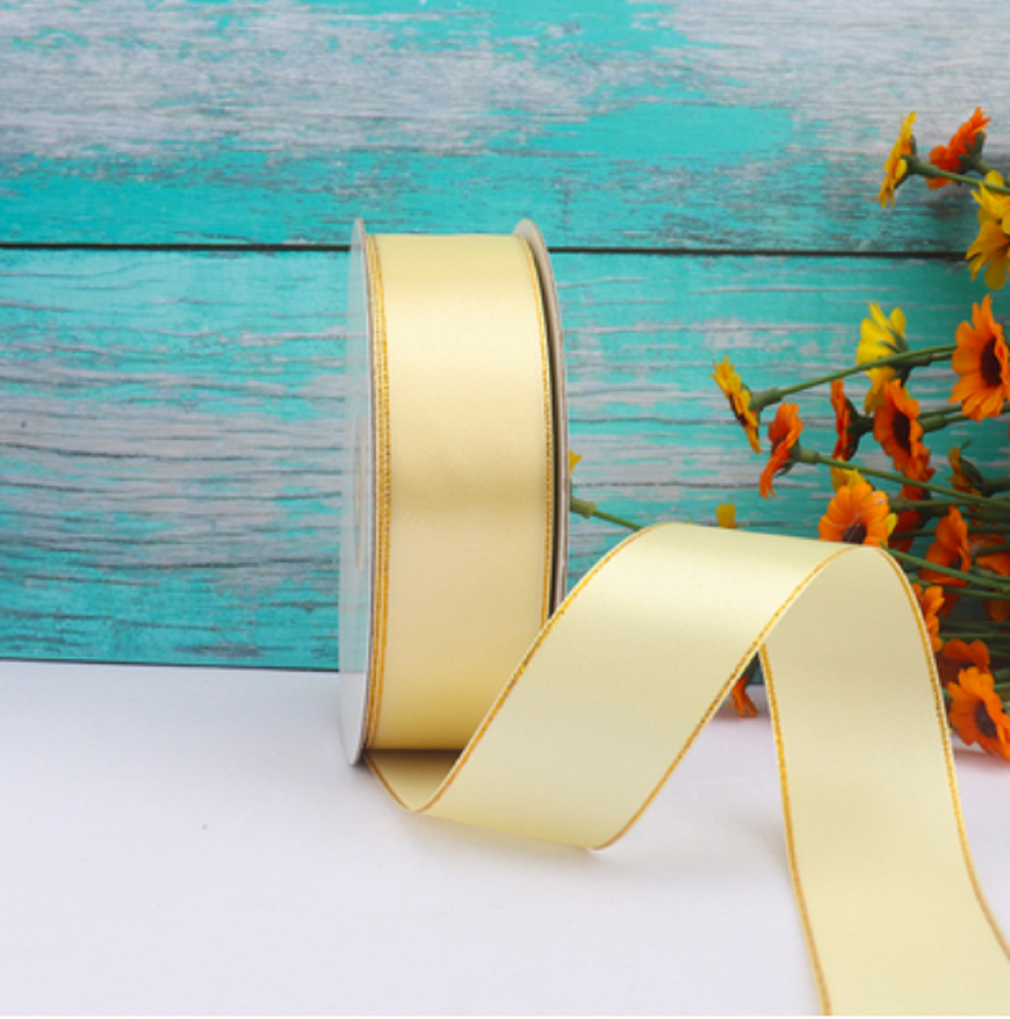 5 Meters / 3.2cm / Satin Ribbon with Gold Stripe R5