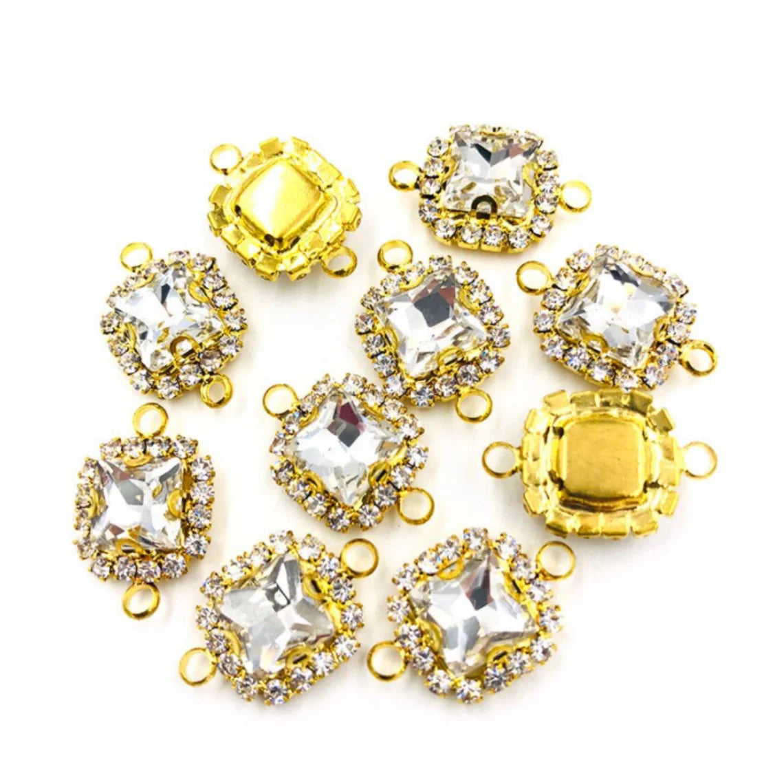 (C050G) 10 Pcs /  14mm / Gold Base Rhinestone Square Connector