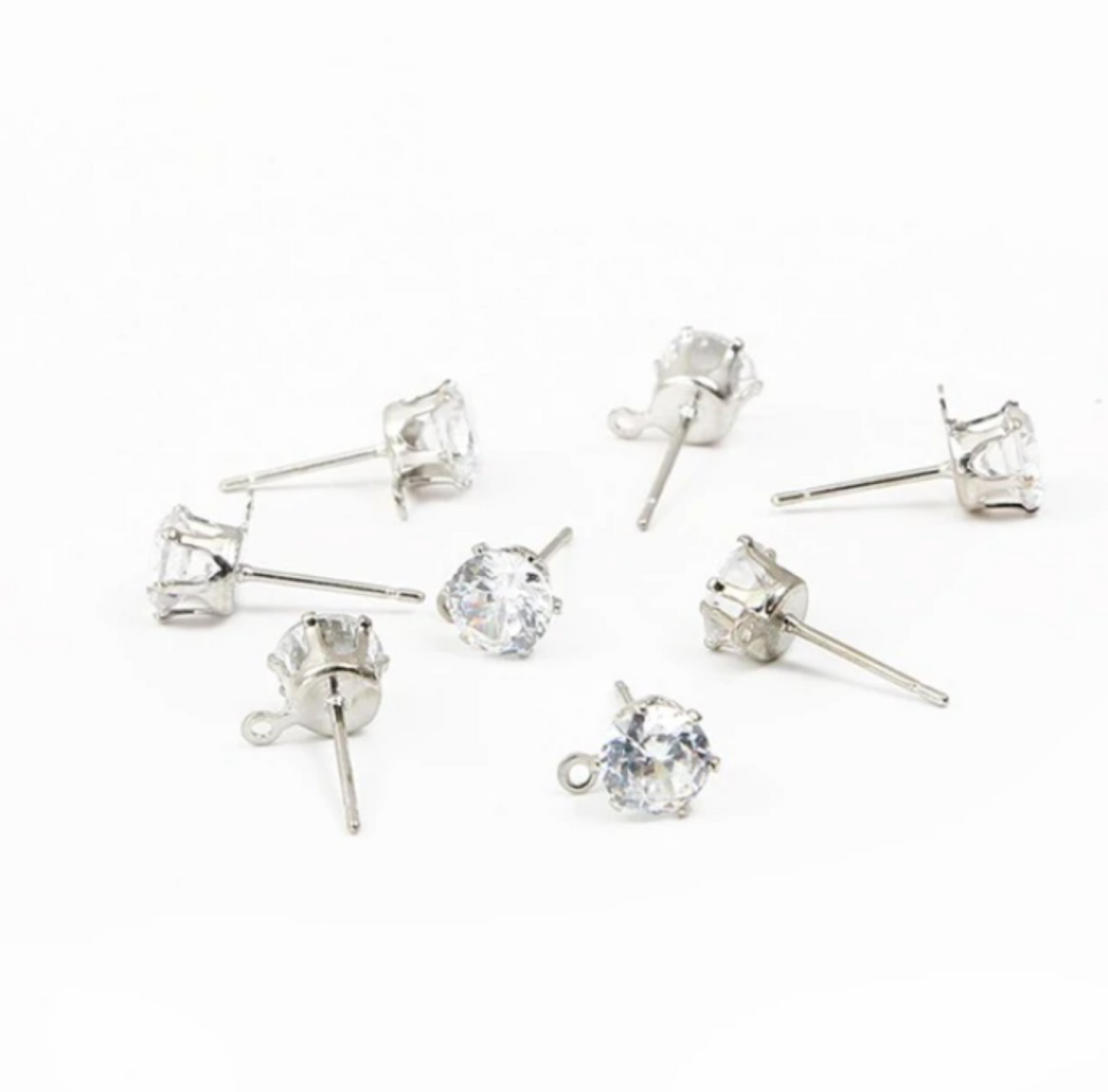 20 pcs / Silver Base / DIY  Zirconia Stud Earrings with Loops + Ear Stoppers    E53